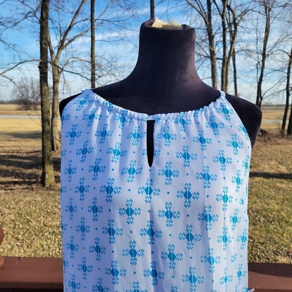 Old Navy White Blue Sleeveless Split V-Neck Geometric Print Shift Dress Size S - Picture 4 of 15